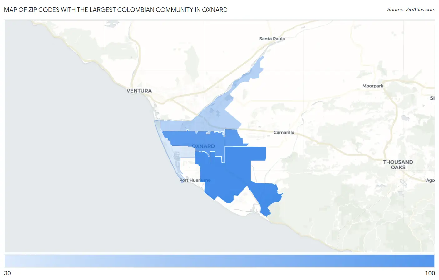 Zip Codes with the Largest Colombian Community in Oxnard Map