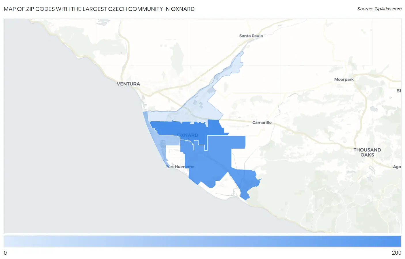 Zip Codes with the Largest Czech Community in Oxnard Map