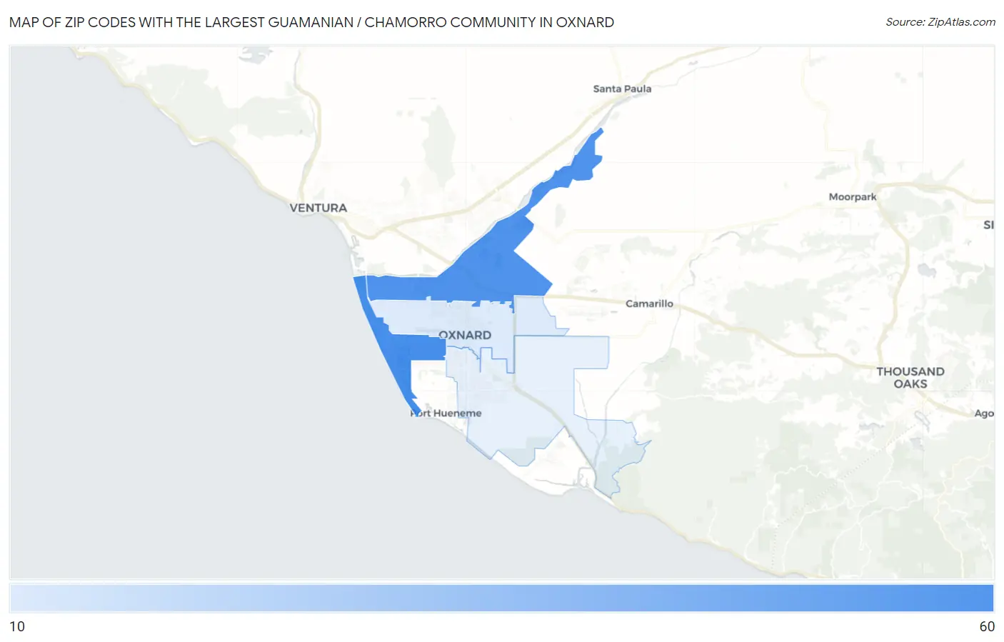 Zip Codes with the Largest Guamanian / Chamorro Community in Oxnard Map