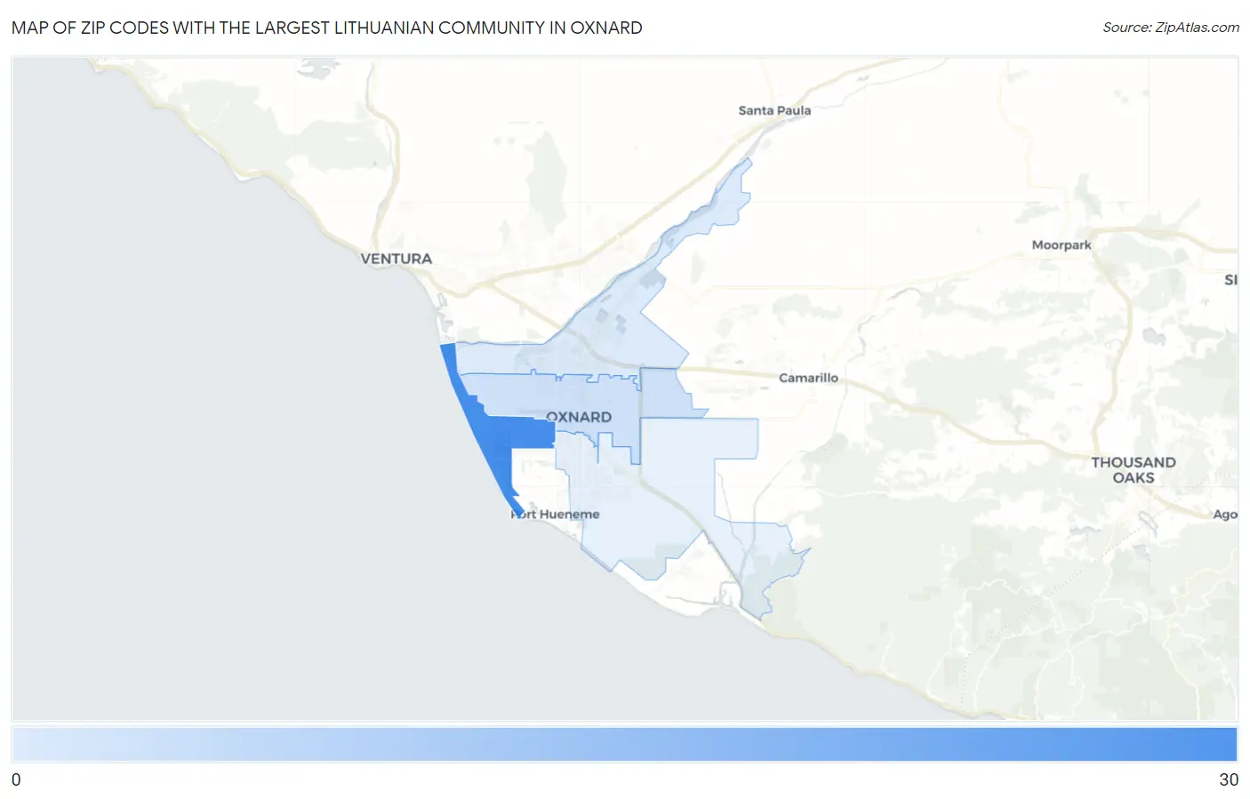 Zip Codes with the Largest Lithuanian Community in Oxnard Map
