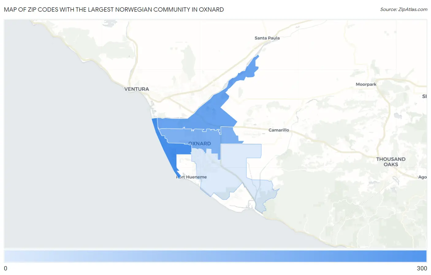 Zip Codes with the Largest Norwegian Community in Oxnard Map