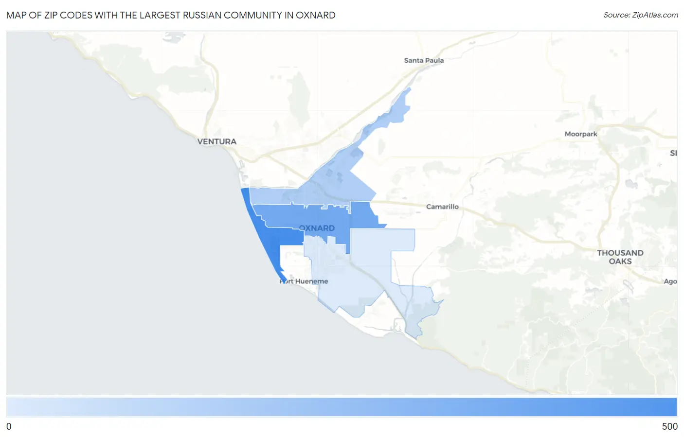 Zip Codes with the Largest Russian Community in Oxnard Map