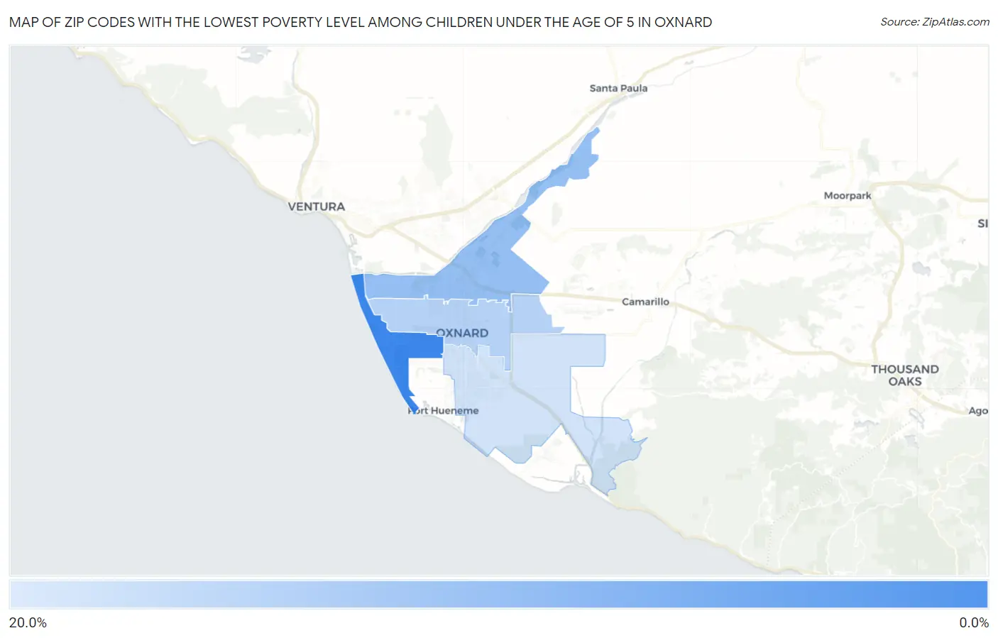 Zip Codes with the Lowest Poverty Level Among Children Under the Age of 5 in Oxnard Map