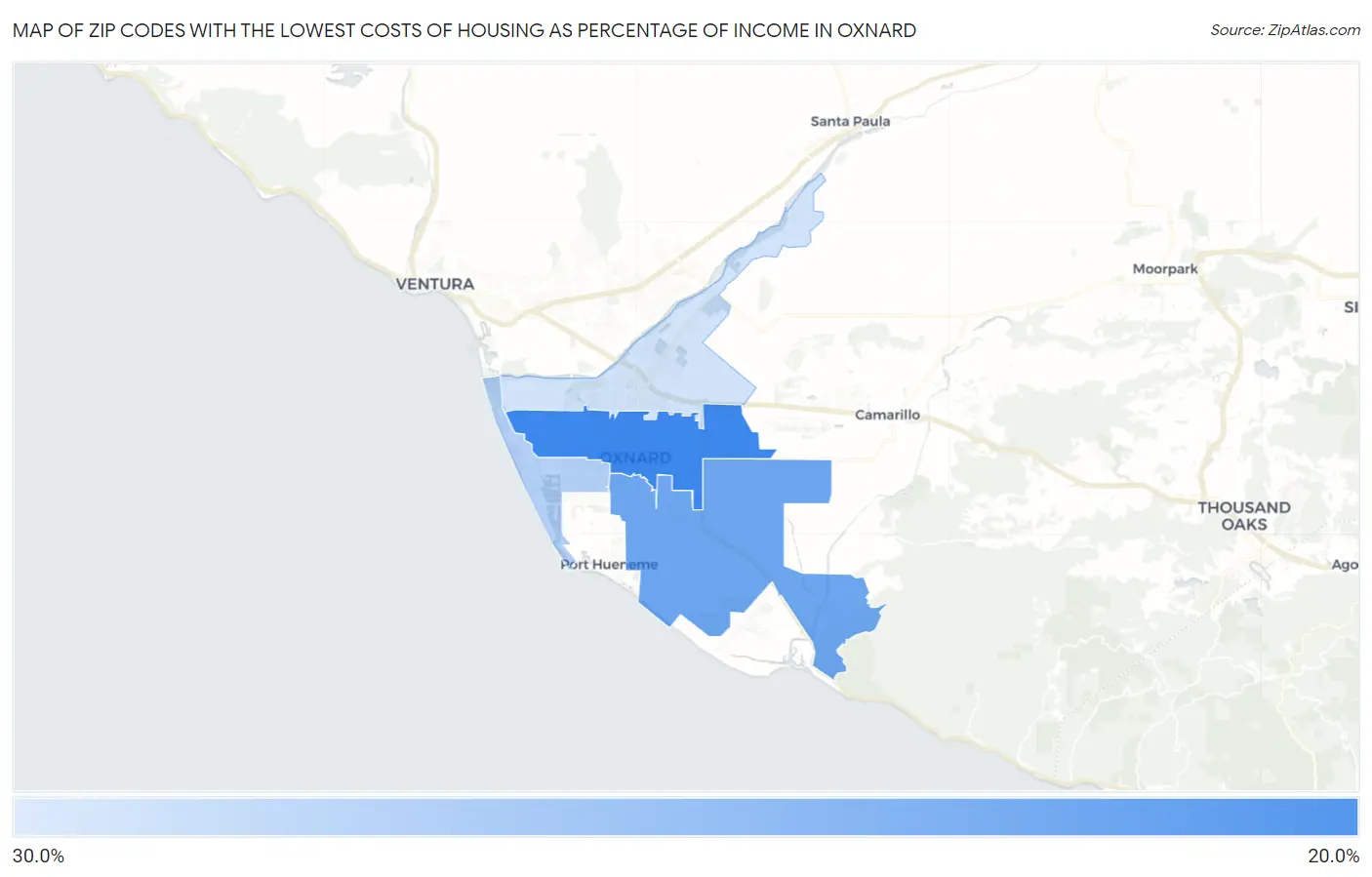 Zip Codes with the Lowest Costs of Housing as Percentage of Income in Oxnard Map