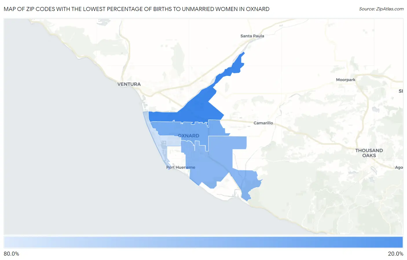 Zip Codes with the Lowest Percentage of Births to Unmarried Women in Oxnard Map