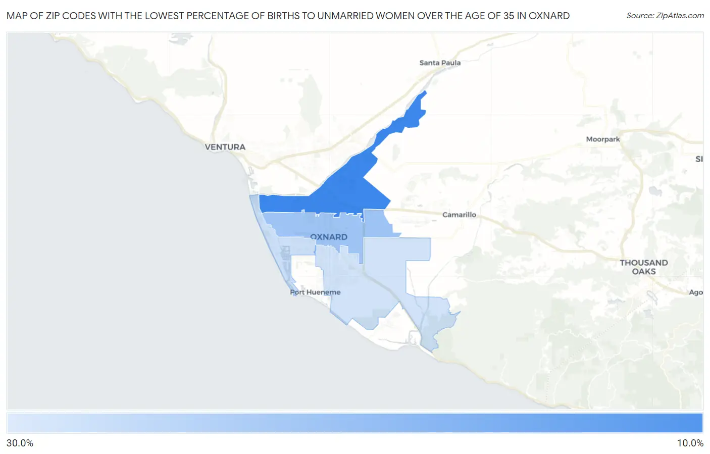 Zip Codes with the Lowest Percentage of Births to Unmarried Women over the Age of 35 in Oxnard Map