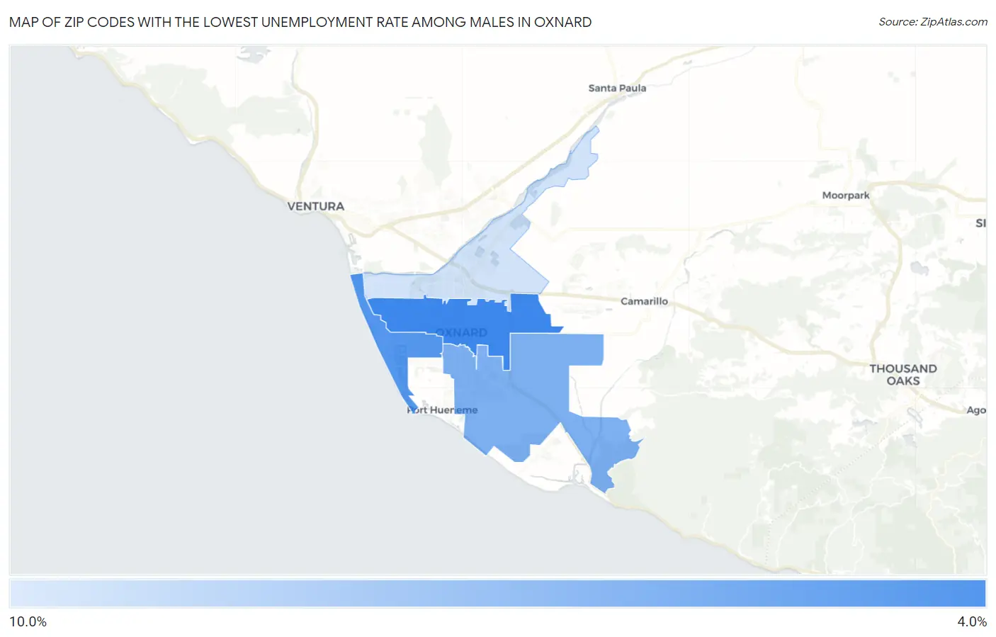 Zip Codes with the Lowest Unemployment Rate Among Males in Oxnard Map