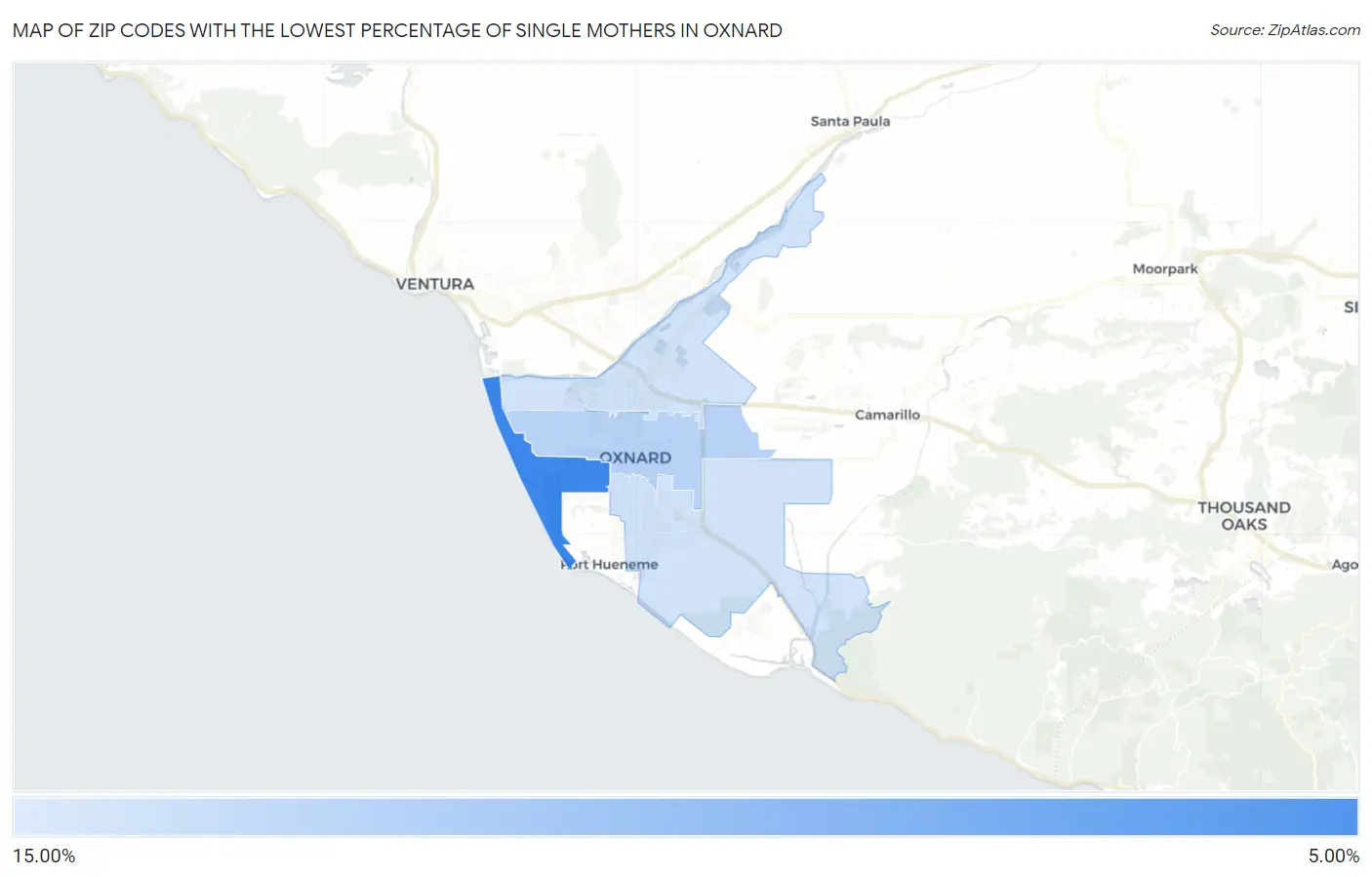 Zip Codes with the Lowest Percentage of Single Mothers in Oxnard Map