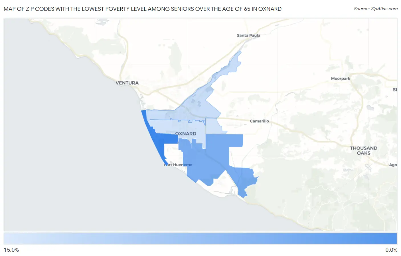 Zip Codes with the Lowest Poverty Level Among Seniors Over the Age of 65 in Oxnard Map