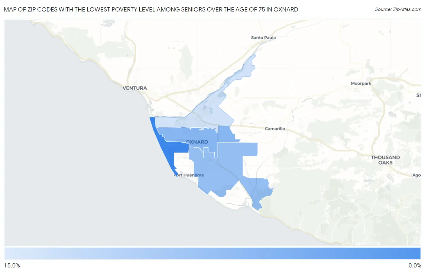 Zip Codes with the Lowest Poverty Level Among Seniors Over the Age of 75 in Oxnard Map