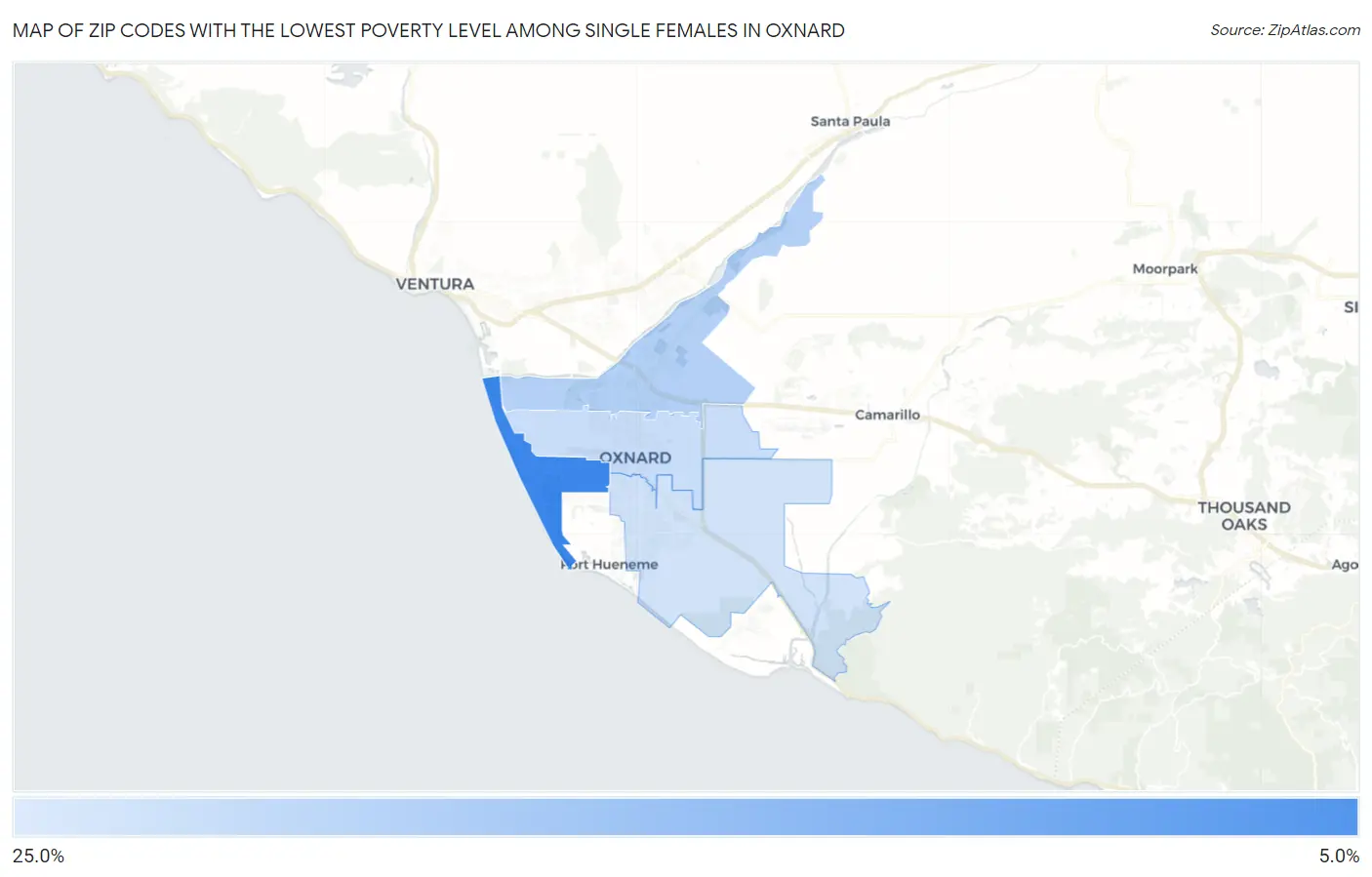 Zip Codes with the Lowest Poverty Level Among Single Females in Oxnard Map