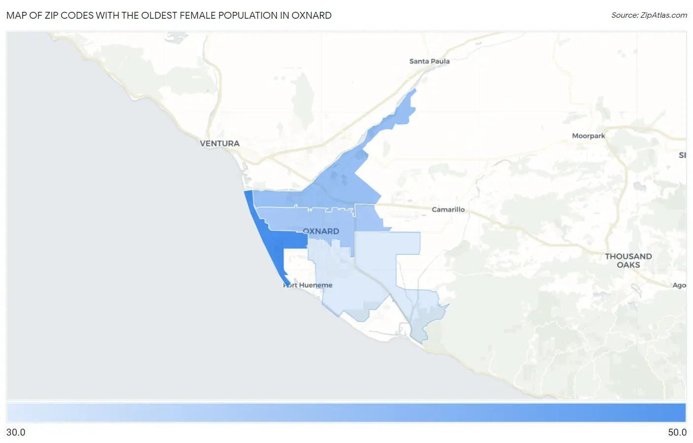 Zip Codes with the Oldest Female Population in Oxnard Map