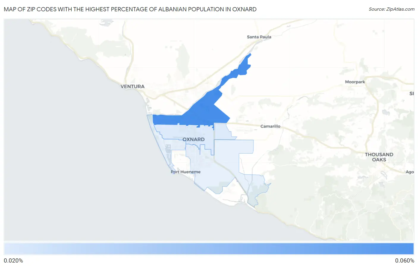 Zip Codes with the Highest Percentage of Albanian Population in Oxnard Map