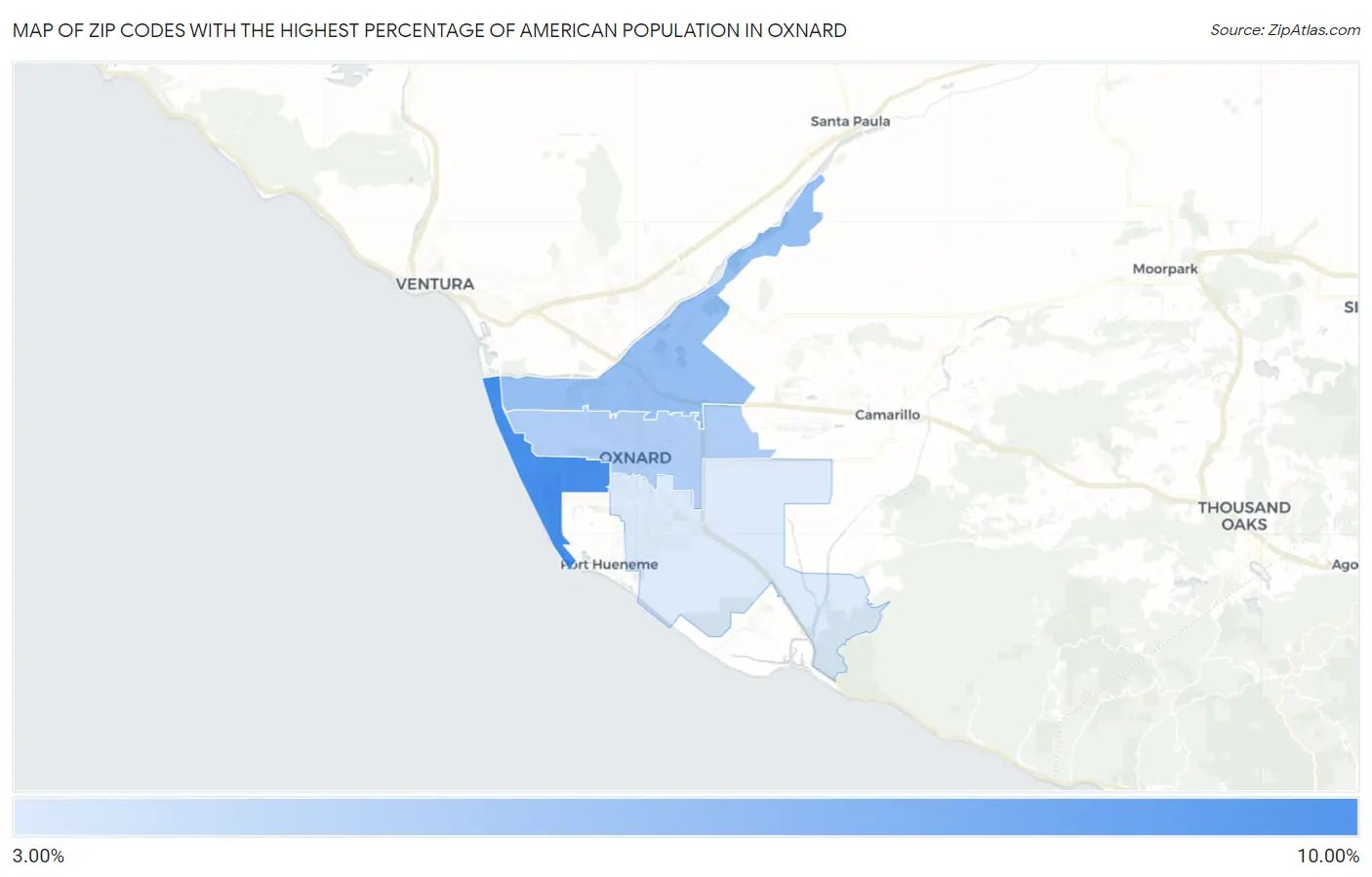 Zip Codes with the Highest Percentage of American Population in Oxnard Map