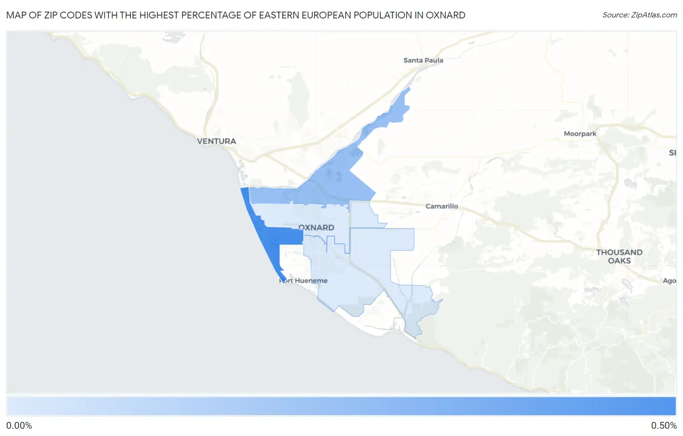Zip Codes with the Highest Percentage of Eastern European Population in Oxnard Map