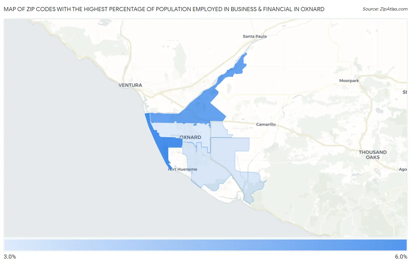 Zip Codes with the Highest Percentage of Population Employed in Business & Financial in Oxnard Map