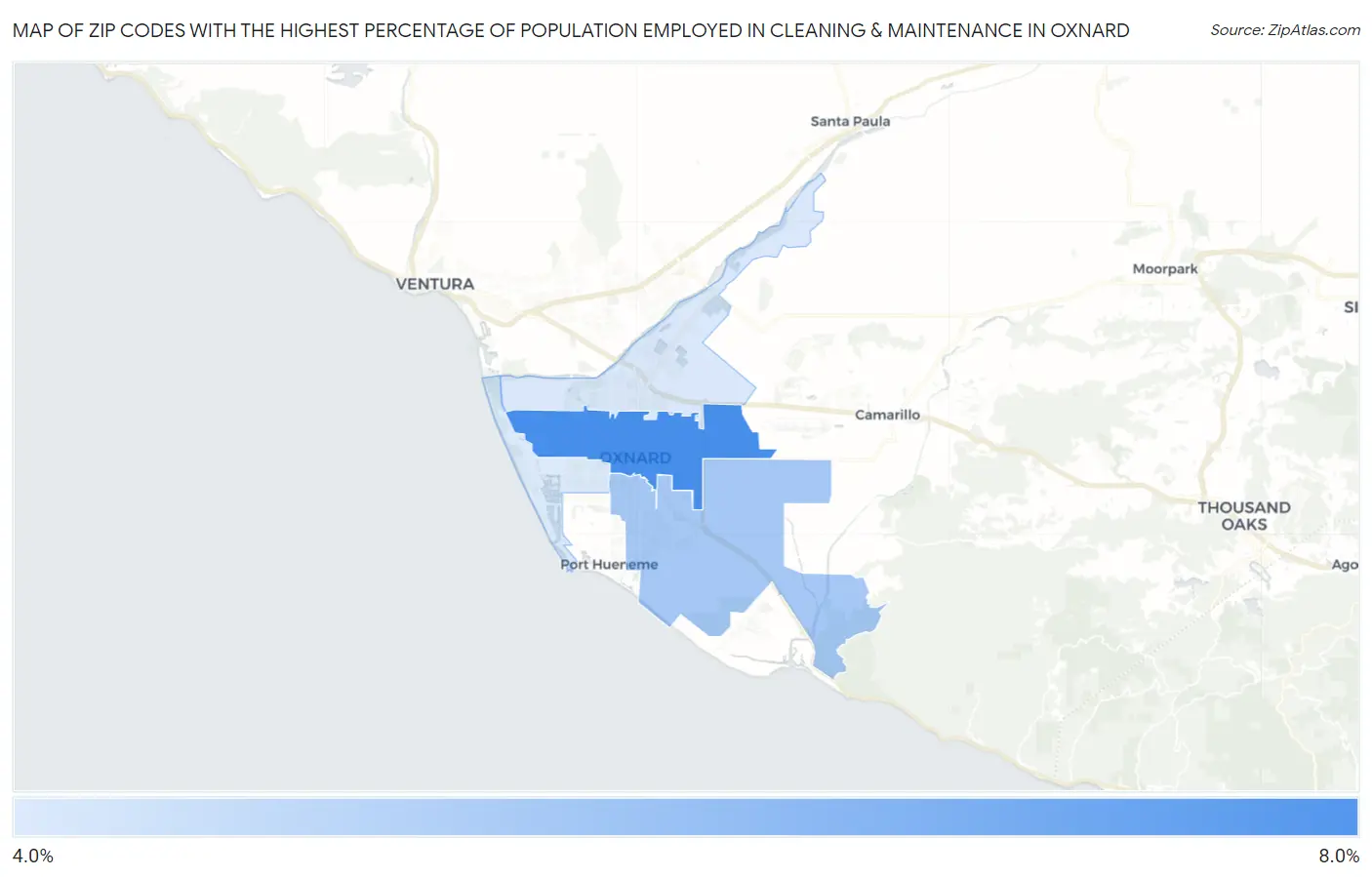 Zip Codes with the Highest Percentage of Population Employed in Cleaning & Maintenance in Oxnard Map