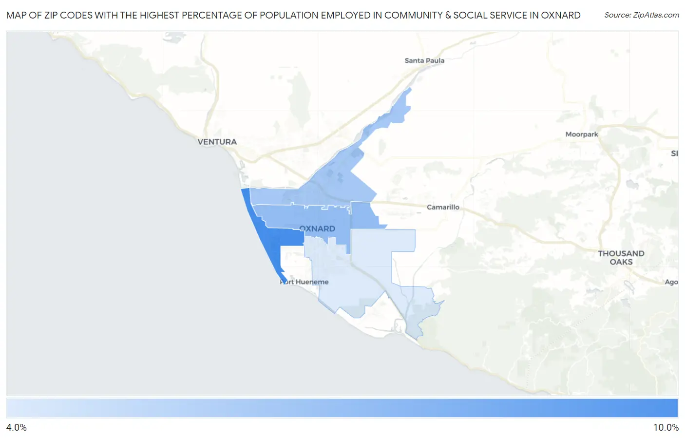 Zip Codes with the Highest Percentage of Population Employed in Community & Social Service  in Oxnard Map