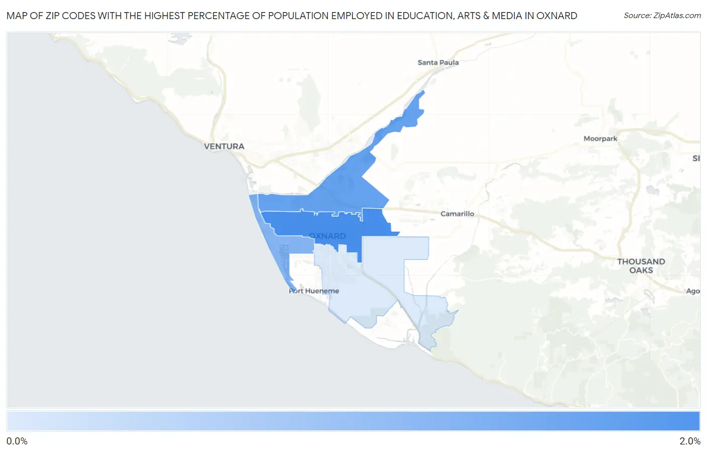 Zip Codes with the Highest Percentage of Population Employed in Education, Arts & Media in Oxnard Map