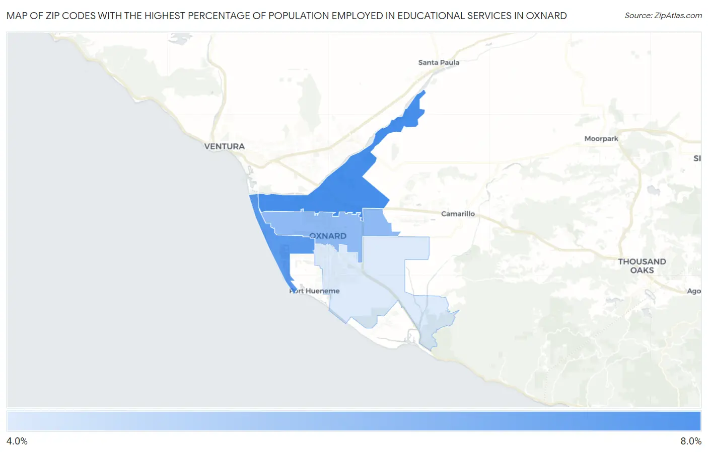 Zip Codes with the Highest Percentage of Population Employed in Educational Services in Oxnard Map