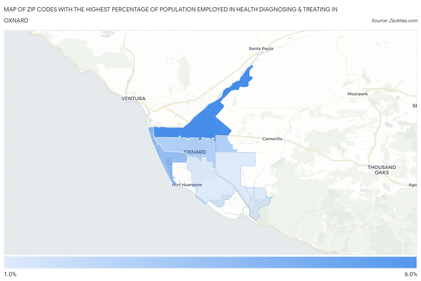 Zip Codes with the Highest Percentage of Population Employed in Health Diagnosing & Treating in Oxnard Map