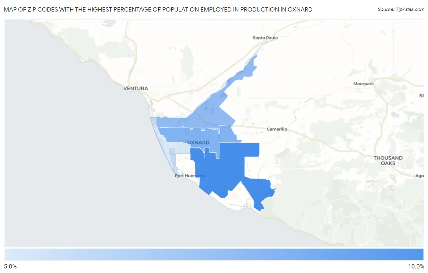 Zip Codes with the Highest Percentage of Population Employed in Production in Oxnard Map