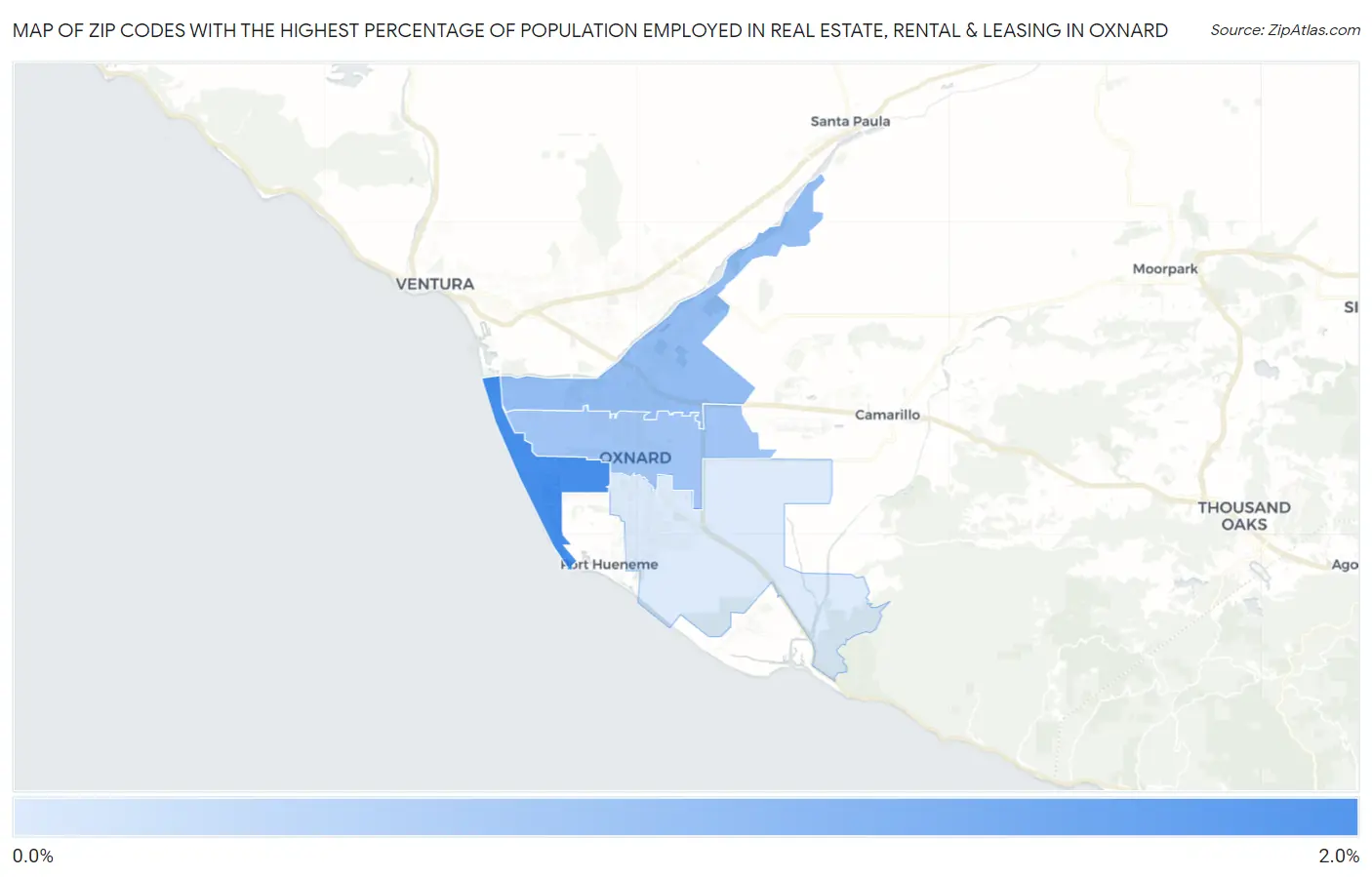 Zip Codes with the Highest Percentage of Population Employed in Real Estate, Rental & Leasing in Oxnard Map