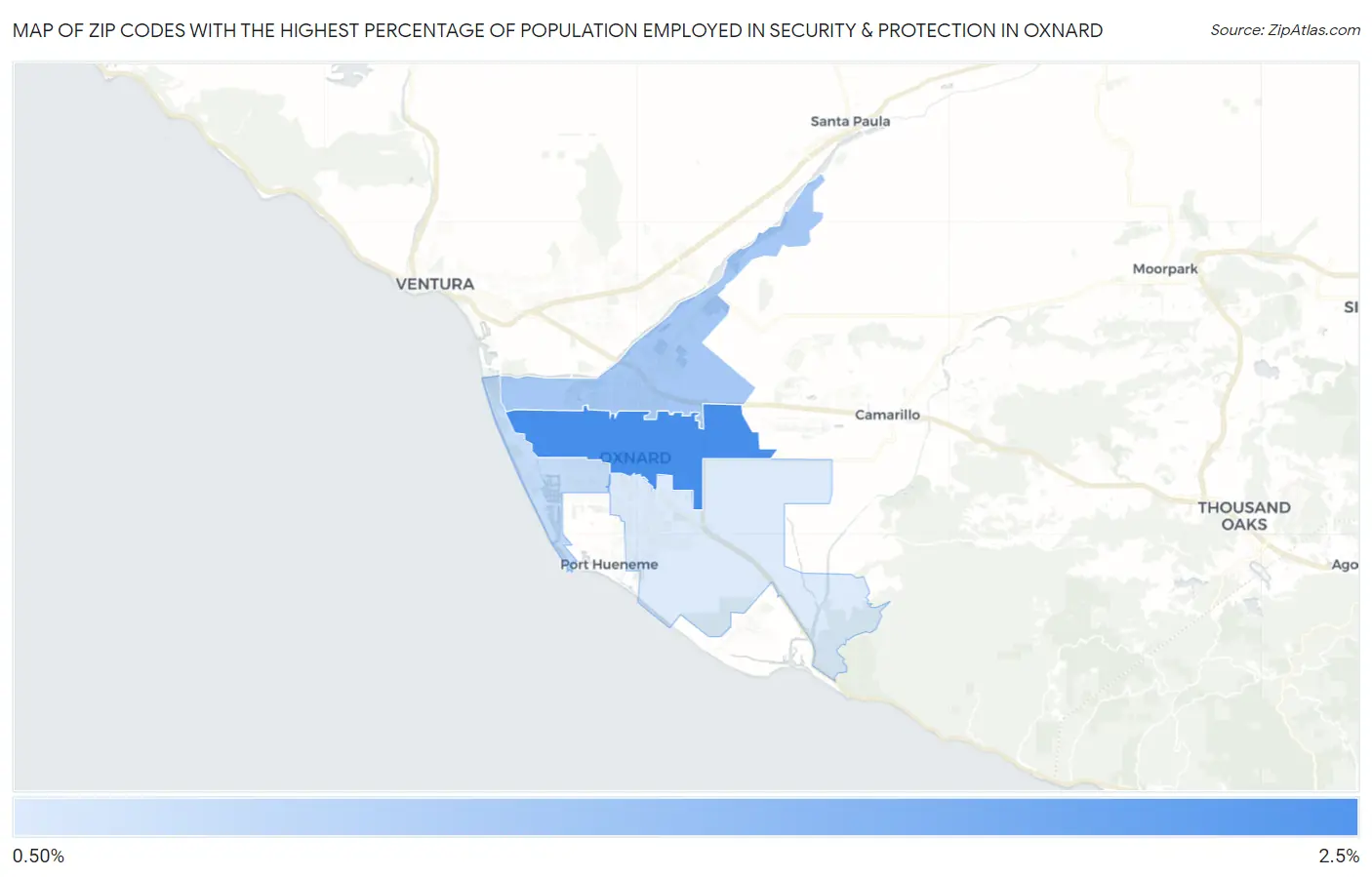 Zip Codes with the Highest Percentage of Population Employed in Security & Protection in Oxnard Map