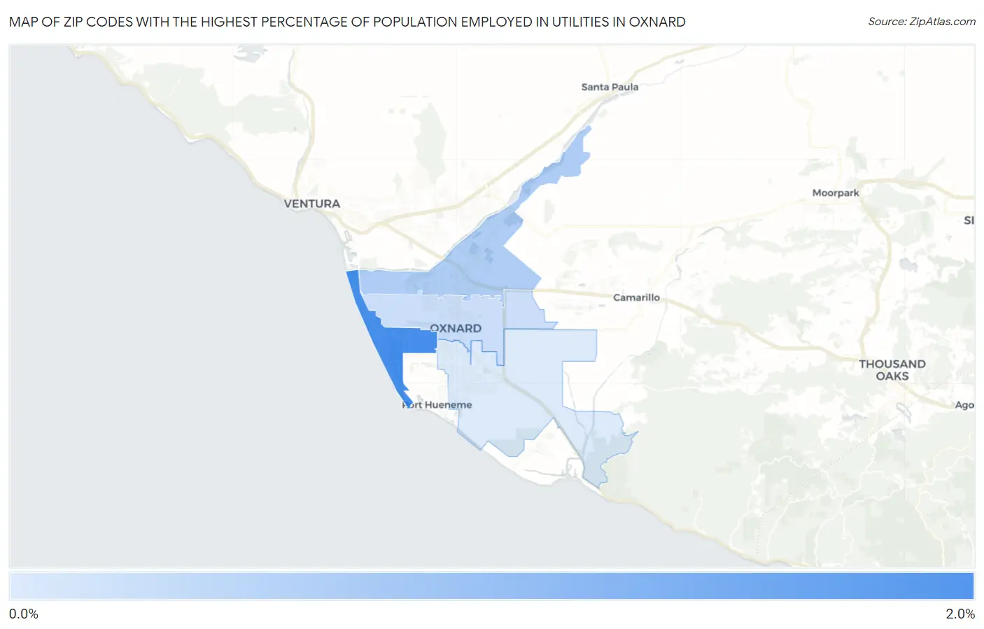 Zip Codes with the Highest Percentage of Population Employed in Utilities in Oxnard Map