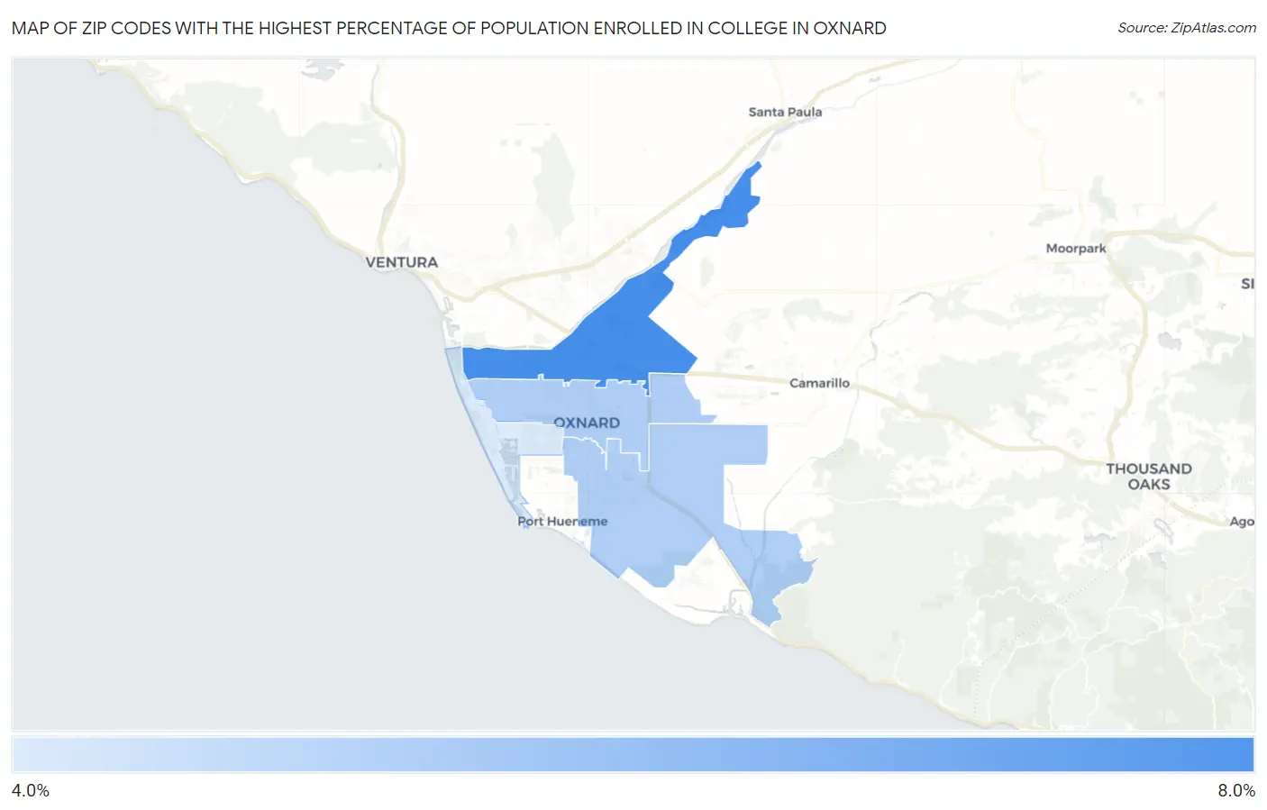 Zip Codes with the Highest Percentage of Population Enrolled in College in Oxnard Map