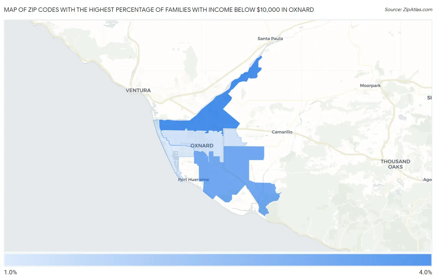 Zip Codes with the Highest Percentage of Families with Income Below $10,000 in Oxnard Map