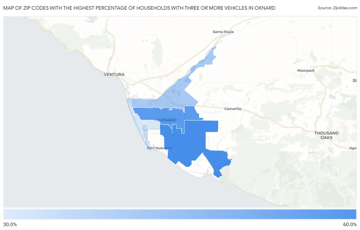 Zip Codes with the Highest Percentage of Households With Three or more Vehicles in Oxnard Map