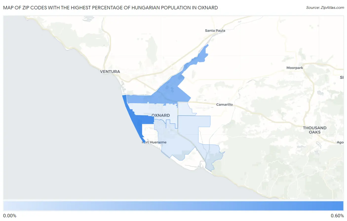 Zip Codes with the Highest Percentage of Hungarian Population in Oxnard Map