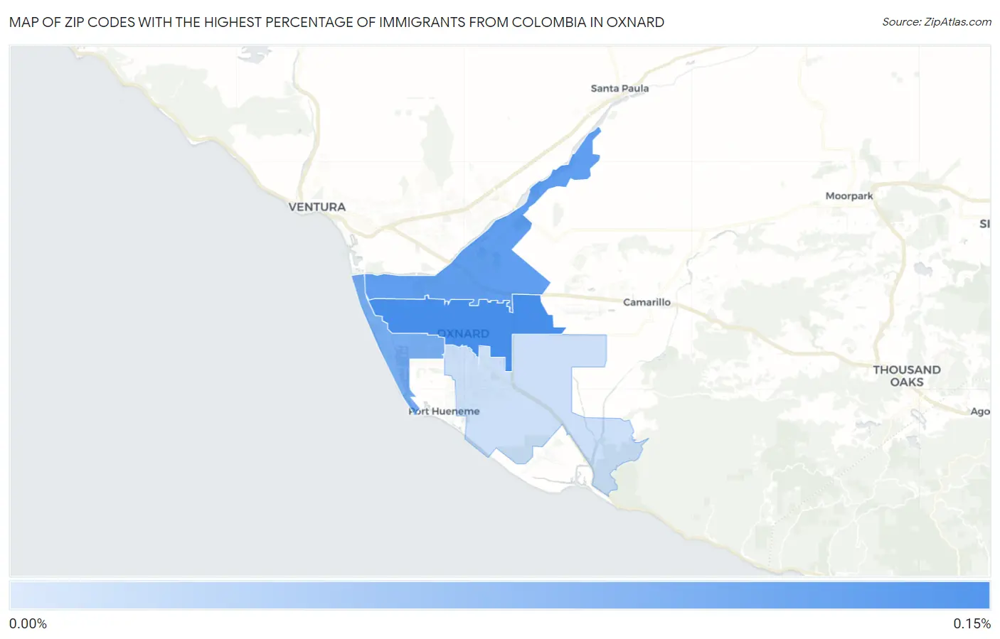 Zip Codes with the Highest Percentage of Immigrants from Colombia in Oxnard Map