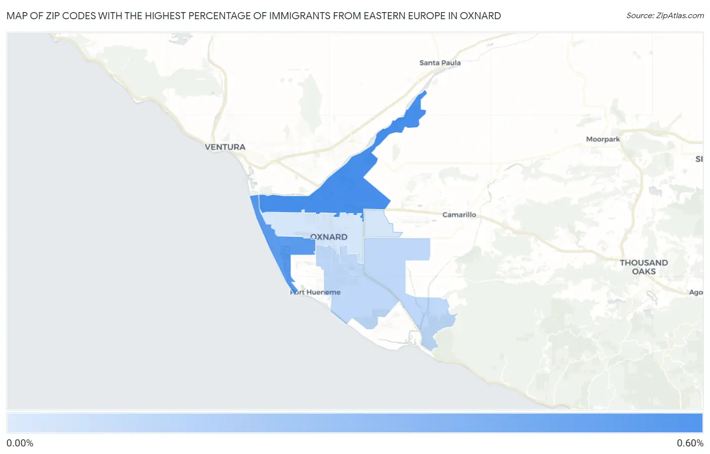 Zip Codes with the Highest Percentage of Immigrants from Eastern Europe in Oxnard Map