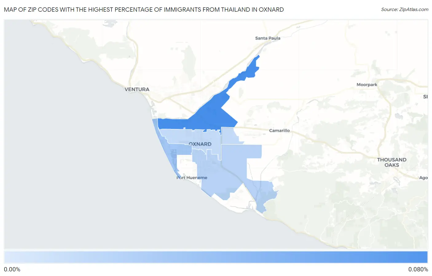 Zip Codes with the Highest Percentage of Immigrants from Thailand in Oxnard Map