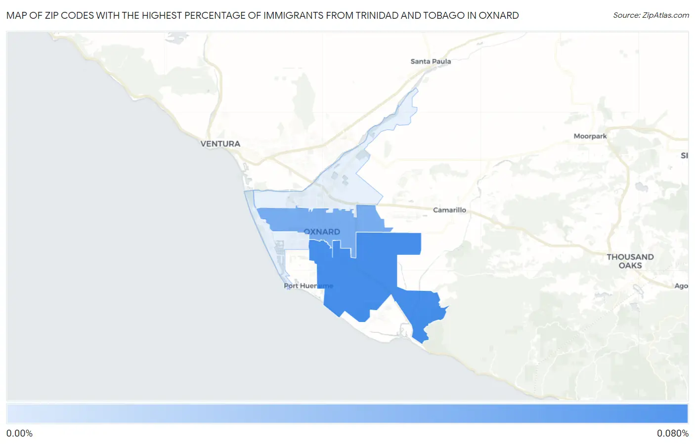 Zip Codes with the Highest Percentage of Immigrants from Trinidad and Tobago in Oxnard Map