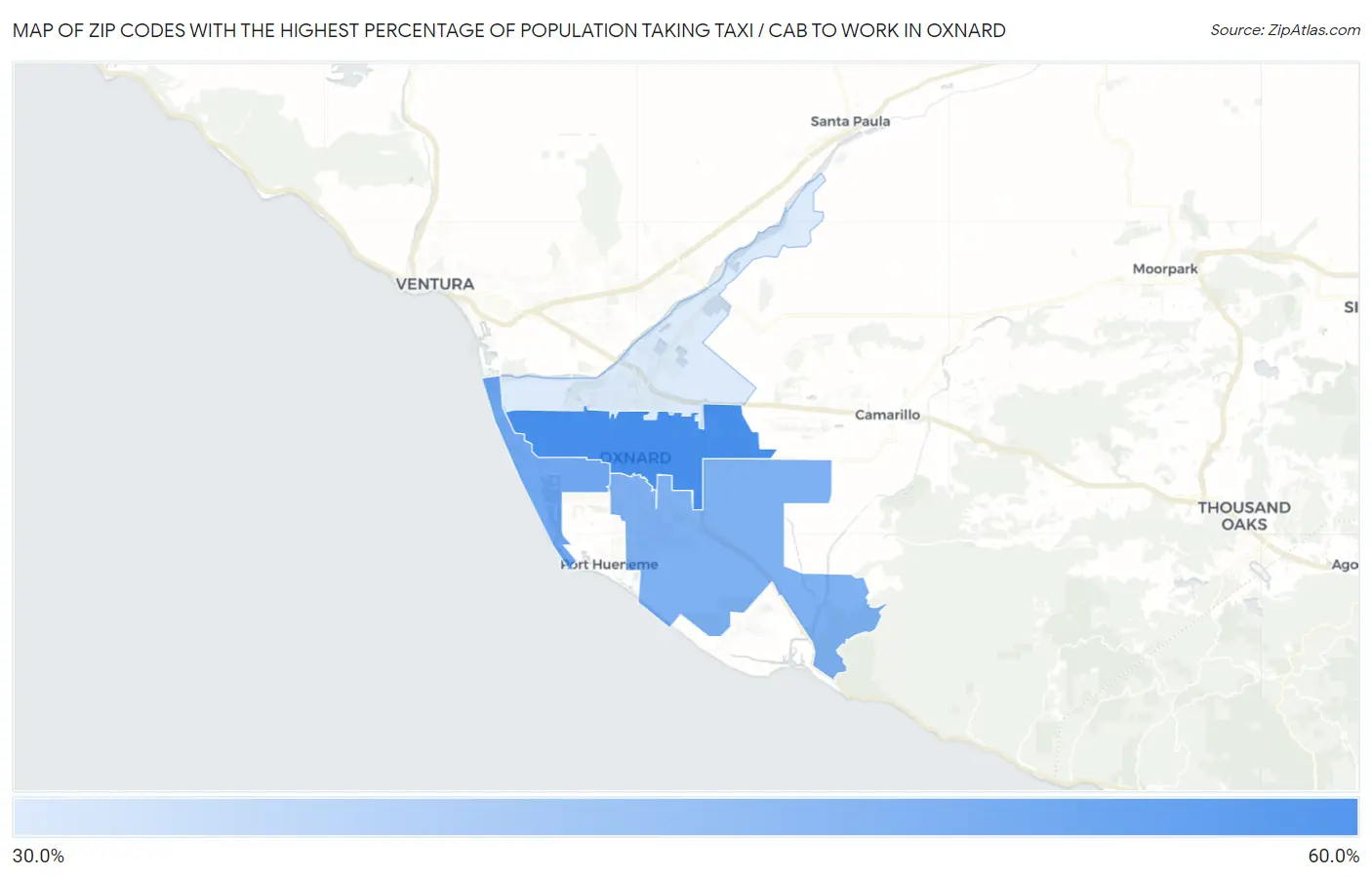 Zip Codes with the Highest Percentage of Population Taking Taxi / Cab to Work in Oxnard Map