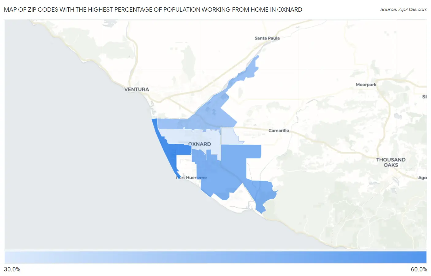 Zip Codes with the Highest Percentage of Population Working from Home in Oxnard Map