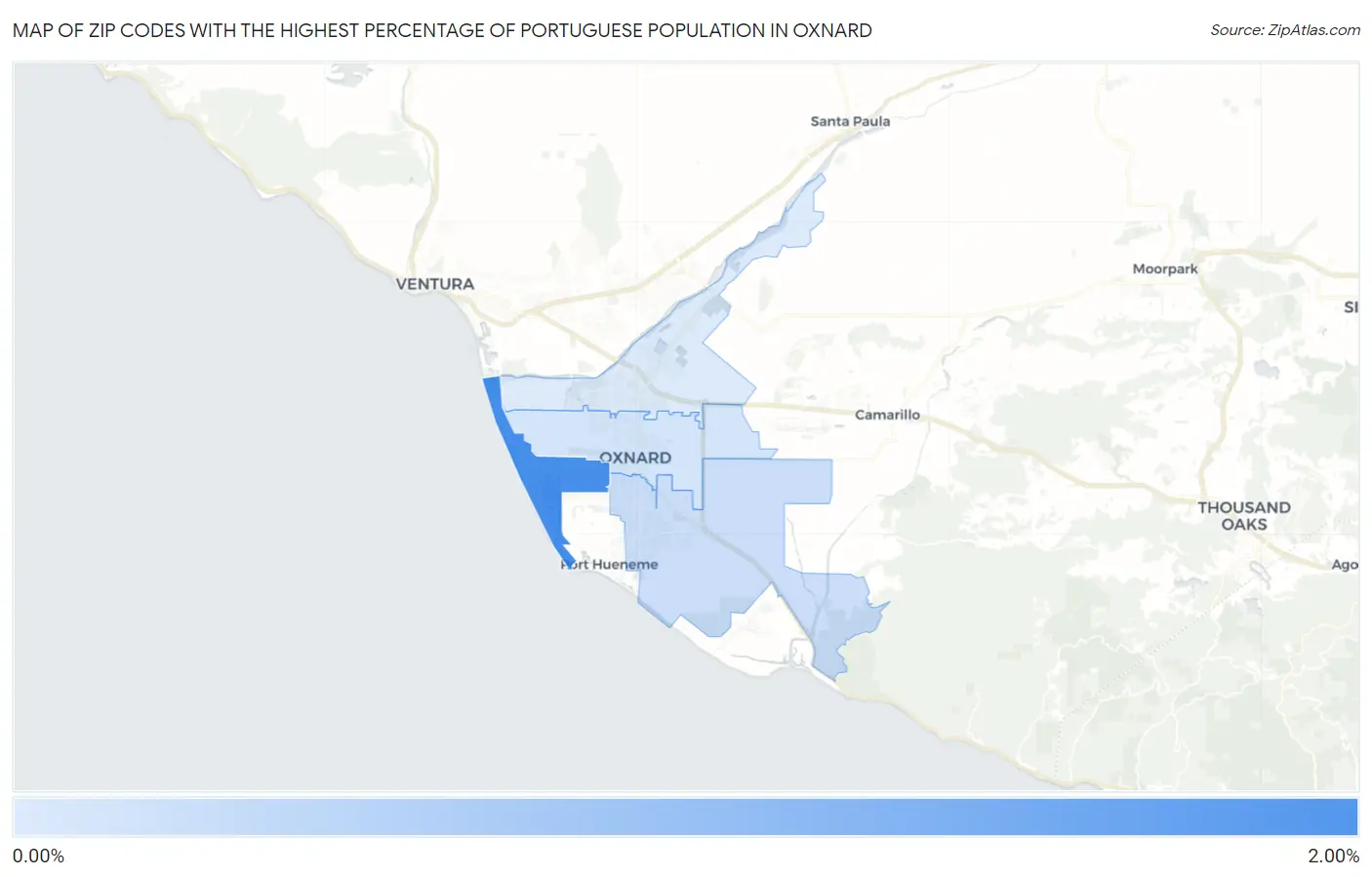 Zip Codes with the Highest Percentage of Portuguese Population in Oxnard Map
