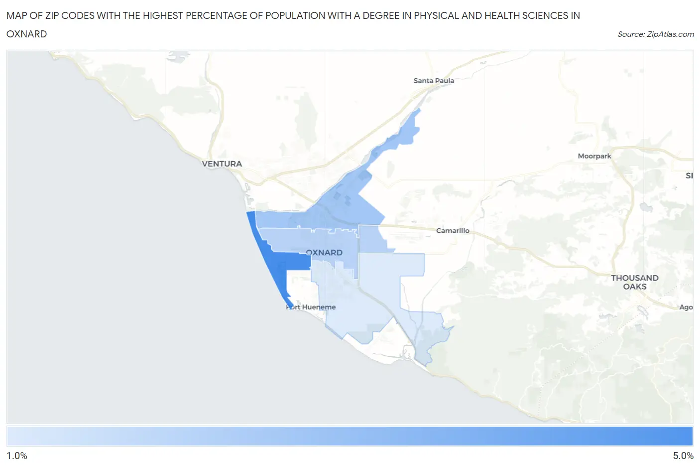 Zip Codes with the Highest Percentage of Population with a Degree in Physical and Health Sciences in Oxnard Map