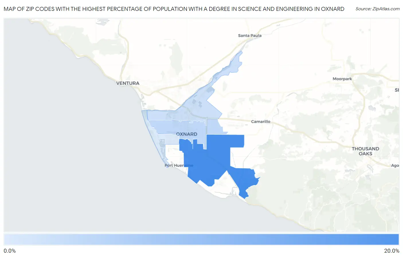 Zip Codes with the Highest Percentage of Population with a Degree in Science and Engineering in Oxnard Map
