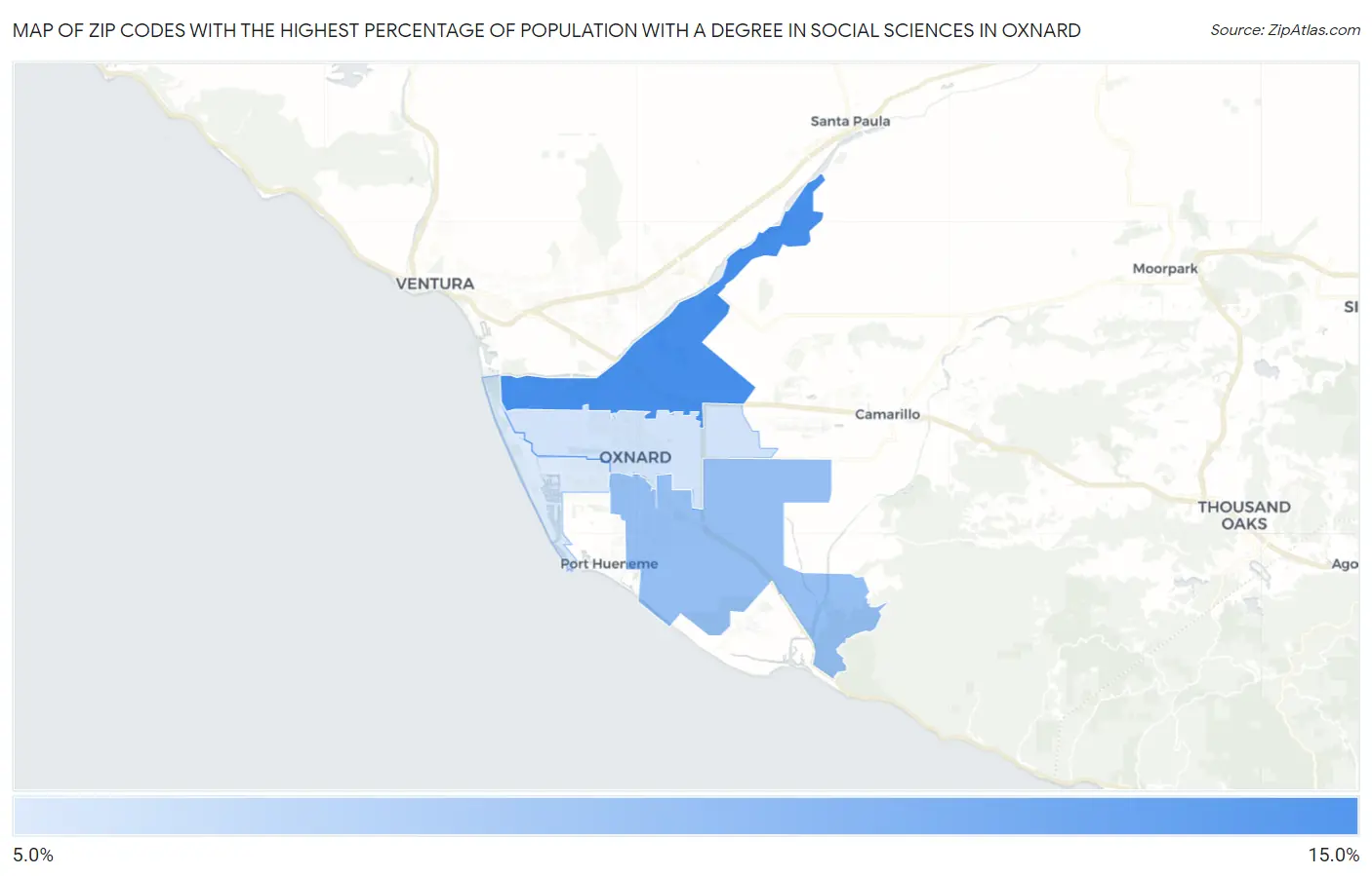 Zip Codes with the Highest Percentage of Population with a Degree in Social Sciences in Oxnard Map
