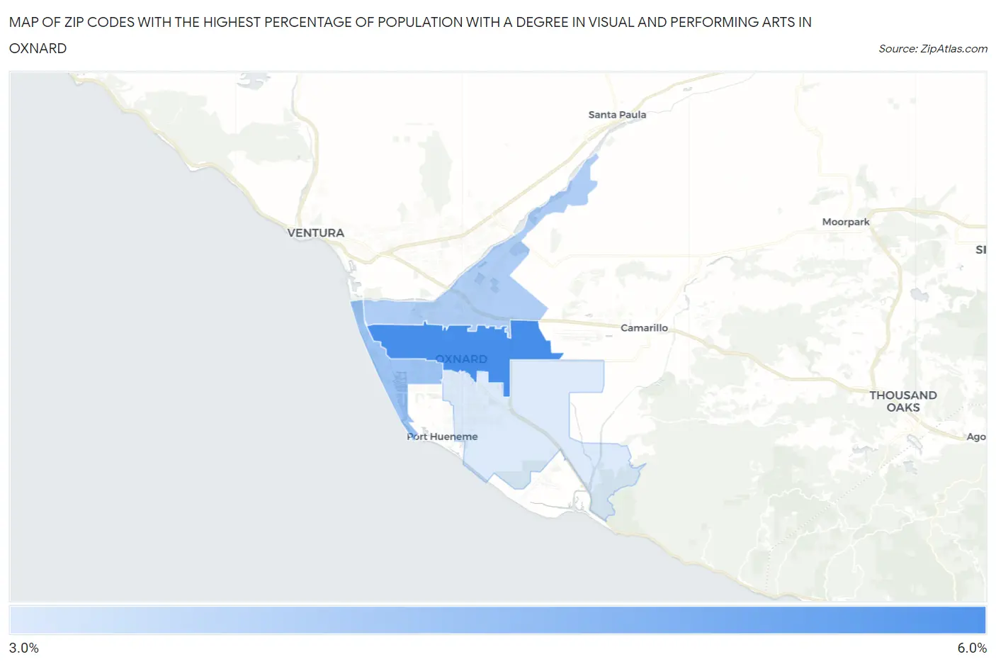 Zip Codes with the Highest Percentage of Population with a Degree in Visual and Performing Arts in Oxnard Map