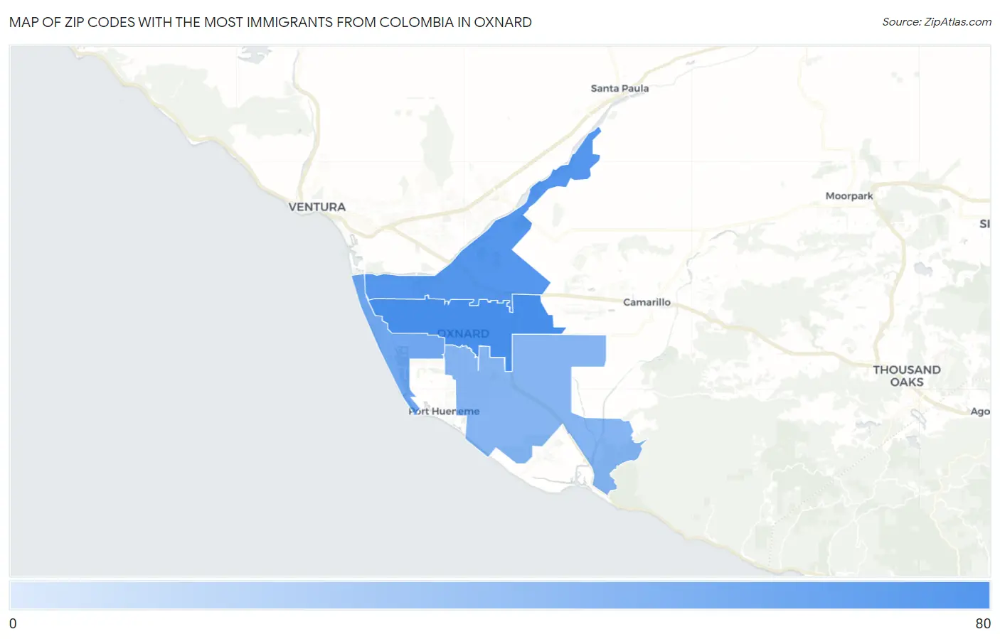 Zip Codes with the Most Immigrants from Colombia in Oxnard Map