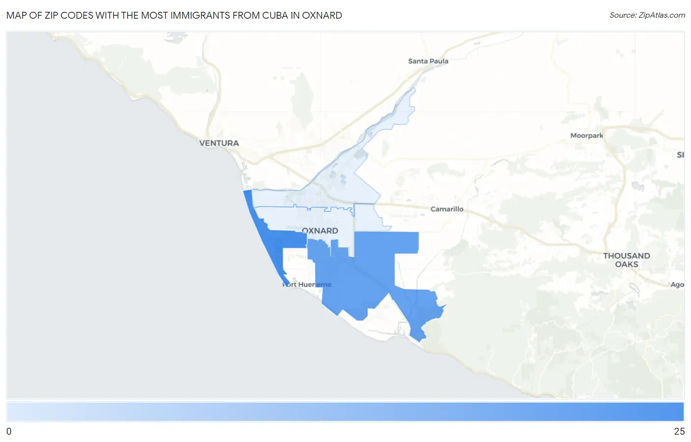 Zip Codes with the Most Immigrants from Cuba in Oxnard Map