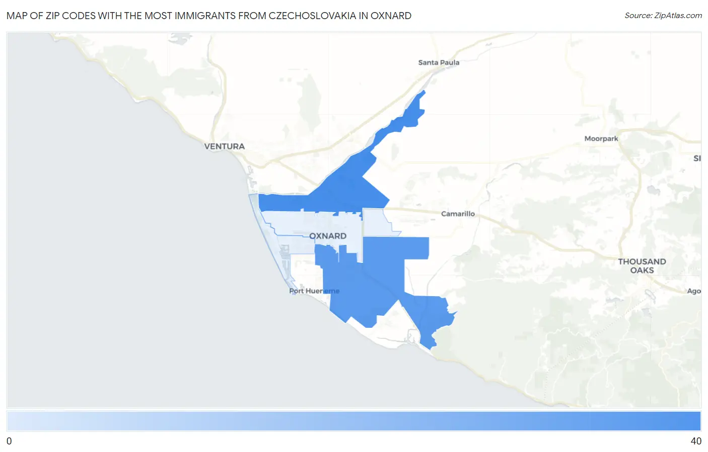 Zip Codes with the Most Immigrants from Czechoslovakia in Oxnard Map