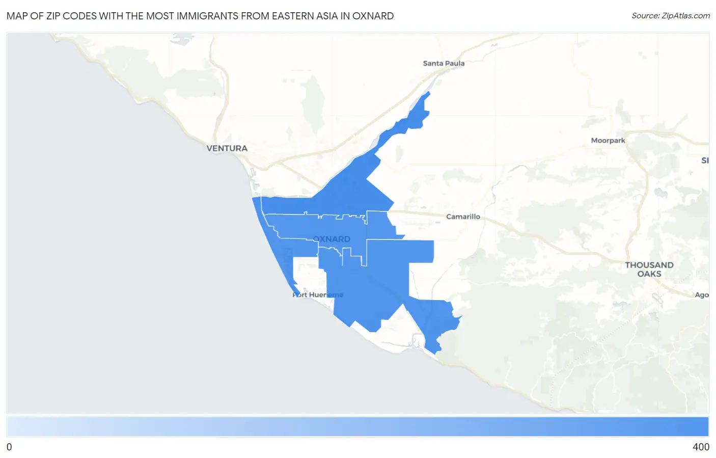 Zip Codes with the Most Immigrants from Eastern Asia in Oxnard Map