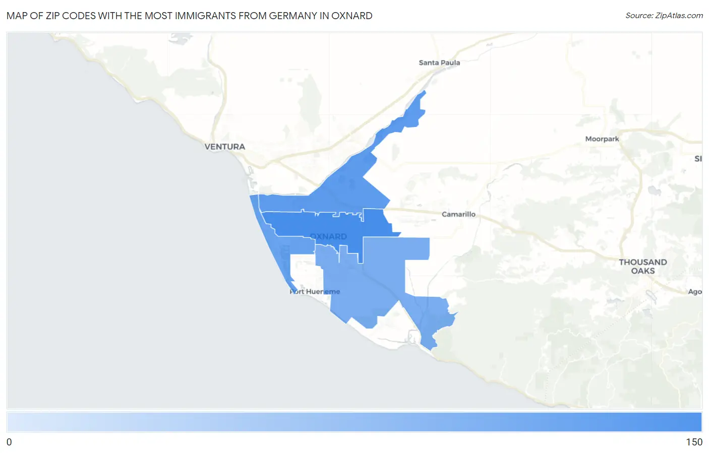 Zip Codes with the Most Immigrants from Germany in Oxnard Map