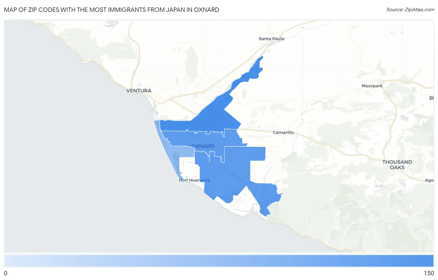 Zip Codes with the Most Immigrants from Japan in Oxnard Map